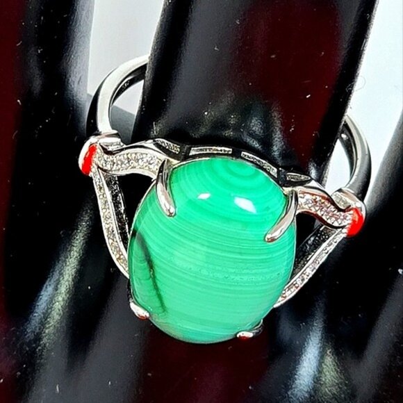 925 Sterling Silver Ring Sz 8.5 with Natural Malachite & CZ - Picture 3 of 15